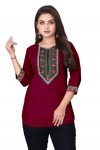 RICH LOOK MAGIC COTTON EMBROIDERY WORK SHORT KURTI  MAROON