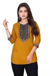 RICH LOOK MAGIC COTTON EMBROIDERY WORK SHORT KURTI  YELLOW