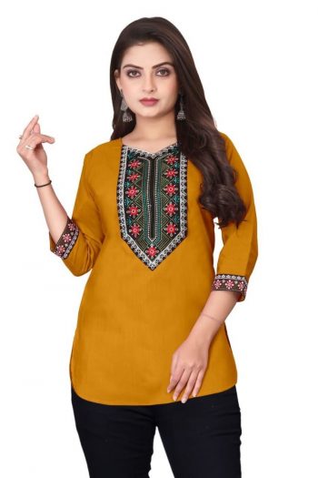 RICH LOOK MAGIC COTTON EMBROIDERY WORK SHORT KURTI  YELLOW