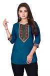 RICH LOOK MAGIC COTTON EMBROIDERY WORK SHORT KURTI  TEAL