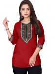 RICH LOOK MAGIC COTTON EMBROIDERY WORK SHORT KURTI  RED