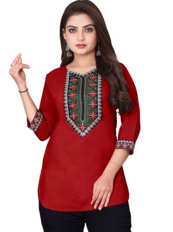 RICH LOOK MAGIC COTTON EMBROIDERY WORK SHORT KURTI  RED