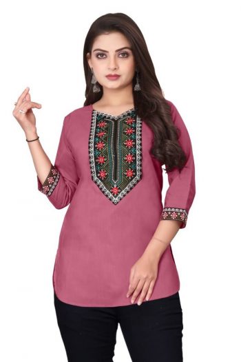 RICH LOOK MAGIC COTTON EMBROIDERY WORK SHORT KURTI  PEACH