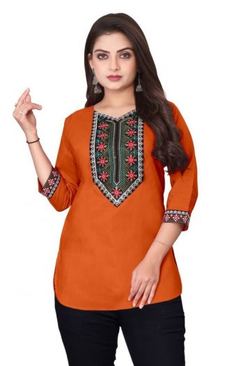 RICH LOOK MAGIC COTTON EMBROIDERY WORK SHORT KURTI  ORANGE
