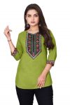 RICH LOOK MAGIC COTTON EMBROIDERY WORK SHORT KURTI  PARROT GREEN