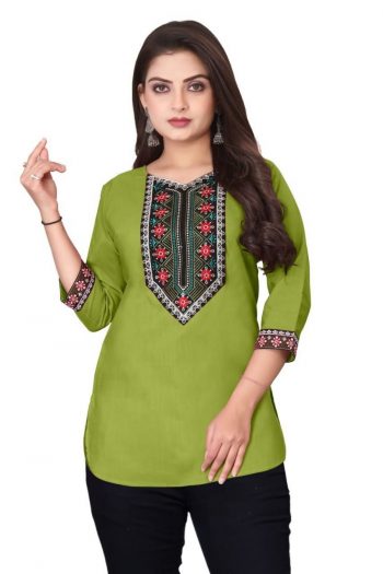 RICH LOOK MAGIC COTTON EMBROIDERY WORK SHORT KURTI  PARROT GREEN