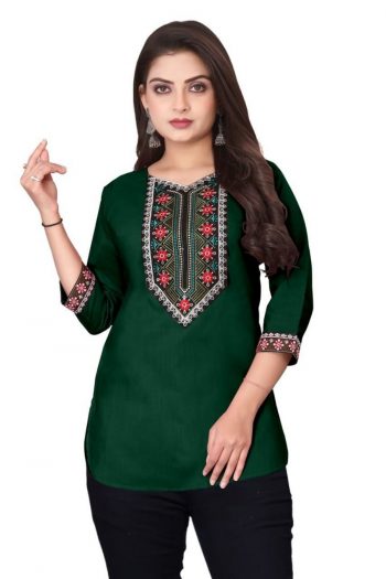 RICH LOOK MAGIC COTTON EMBROIDERY WORK SHORT KURTI  GREEN