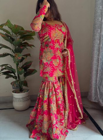 RICH LOOK PRINT WITH CHINON SEQUANCE EMBROIDERY WORK  TOP SHARARA WITH DUPATTA  RANI