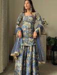 RICH LOOK PRINT WITH CHINON SEQUANCE EMBROIDERY WORK  TOP SHARARA WITH DUPATTA  LAVENDER