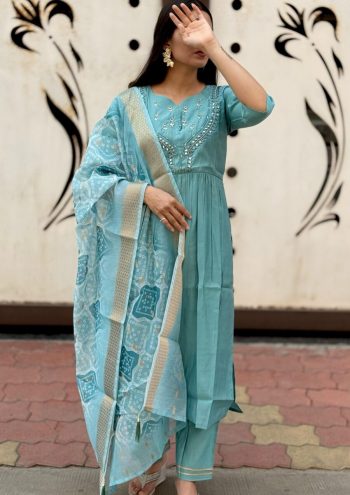 RICH LOOK ROMAN SILK HAND WORK TOP BOTTOM WITH DUPATTA SKY
