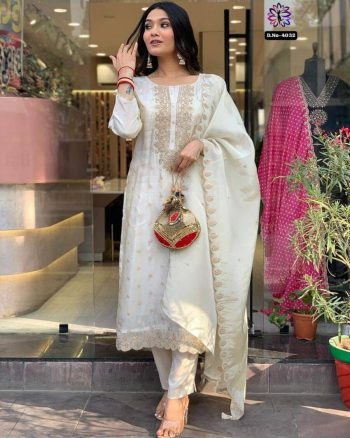 RICH LOOK VISCOSE RAYON JACQUARD EMBROIDERY WORK TOP BOTTOM WITH DUPATTA WHITE
