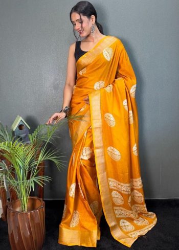 TRADITIONAL COTTON CREPE BATIK PRINTED ZARI WEAVING BOREDR WORK SAREE WITH UNSTITCHED BLOUSE YELLOW