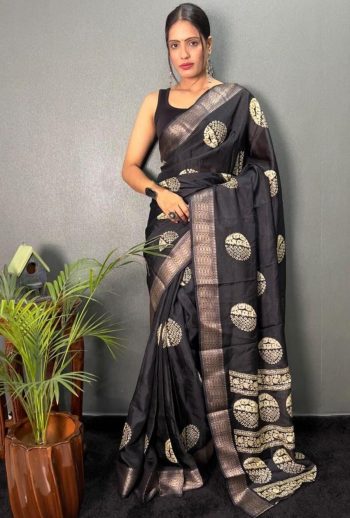 TRADITIONAL COTTON CREPE BATIK PRINTED ZARI WEAVING BOREDR WORK SAREE WITH UNSTITCHED BLOUSE BLACK