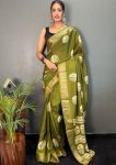 TRADITIONAL COTTON CREPE BATIK PRINTED ZARI WEAVING BOREDR WORK SAREE WITH UNSTITCHED BLOUSE MEHNDI