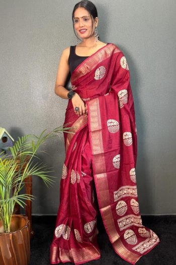TRADITIONAL COTTON CREPE BATIK PRINTED ZARI WEAVING BOREDR WORK SAREE WITH UNSTITCHED BLOUSE MAROON