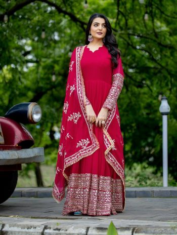 TRADITIONAL GEORGETTE EMBROIDERY SEQUENCE WORK GOWN BOTTOM WITH DUPATTA RED