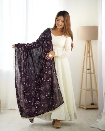 TRADITIONAL VICHITRA SILK FLAIRED PLAIN GOWN BOTTOM WITH EMBROIDERY ZARI LACE WORK DUPATTA WINE