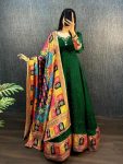 TRADITIONAL VISCOSE GEORGETTE EMBROIDERY HAND WORK WITH TUSSER SILK BORDER GOWN WITH DIGITAL PRINTED DUPATTA GREEN