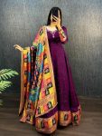 TRADITIONAL VISCOSE GEORGETTE EMBROIDERY HAND WORK WITH TUSSER SILK BORDER GOWN WITH DIGITAL PRINTED DUPATTA WINE