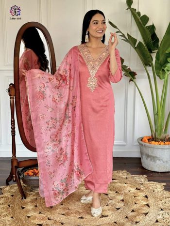 TRENDING  CHANDERI SILK EMBROIDREY WORK TOP BOTTOM WITH DUPATTA PEACH