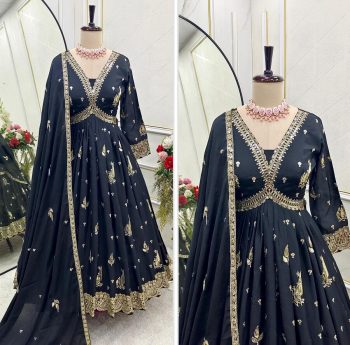 TRENDING CHINON EMBROIDERY SEQUENCE WORK ALIA CUT DESIGN GOWN BOTTOM WITH DUPATTA BLACK
