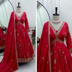 TRENDING CHINON EMBROIDERY SEQUENCE WORK ALIA CUT DESIGN GOWN BOTTOM WITH DUPATTA RED
