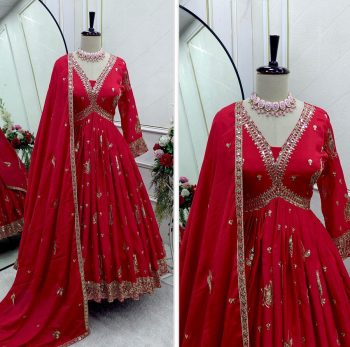 TRENDING CHINON EMBROIDERY SEQUENCE WORK ALIA CUT DESIGN GOWN BOTTOM WITH DUPATTA RED