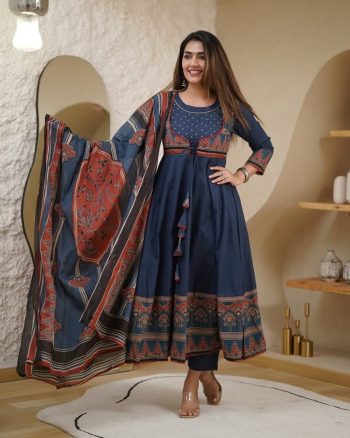 TRENDING COTTON HAND WORK PRINTED GOWN BOTTOM WITH DUPATTA BLUE