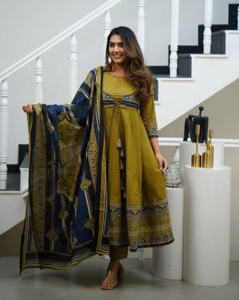 TRENDING COTTON HAND WORK PRINTED GOWN BOTTOM WITH DUPATTA MEHNDI