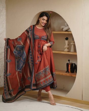 TRENDING COTTON HAND WORK PRINTED GOWN BOTTOM WITH DUPATTA ORANGE
