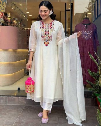 TRENDING COTTON SILK EMBROIDERY WORK TOP BOTTOM WITH DUPATTA WHITE
