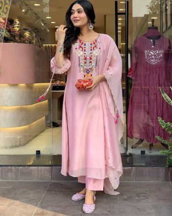 TRENDING COTTON SILK EMBROIDERY WORK TOP BOTTOM WITH DUPATTA BABY PINK