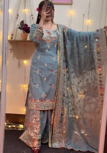 TRENDING GEORGETTE EMBROIDERY SEQUENCE CODING WORK TOP PALAZZO WITH DUPATTA SKY