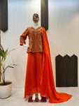 TRENDING GEORGETTE EMBROIDERY SEQUENCE WORK TOP PALAZZO WITH DUPATTA  ORANGE