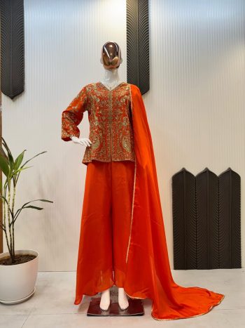 TRENDING GEORGETTE EMBROIDERY SEQUENCE WORK TOP PALAZZO WITH DUPATTA  ORANGE