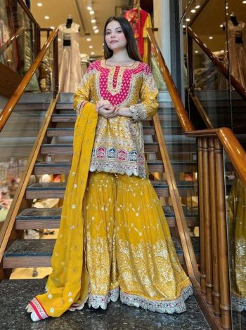TRENDING GEORGETTE EMBROIDERY SEQUENCE WORK TOP SHARARA WITH DUPATTA YELLOW