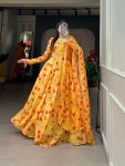 TRENDING GEORGETTE FLORAL PRINTED FLAIRED GOWN WITH DUPATTA YELLOW