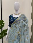 TRENDING JIMMY CHOO EMBROIDERY SEQUENCE WORK SAREE WITH UNSTITCHED BLOUSE PARTY WEAR WHOLESALE PRICE ETHNIC GARMENT (7)