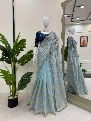 TRENDING JIMMY CHOO EMBROIDERY SEQUENCE WORK SAREE WITH UNSTITCHED BLOUSE   SKY
