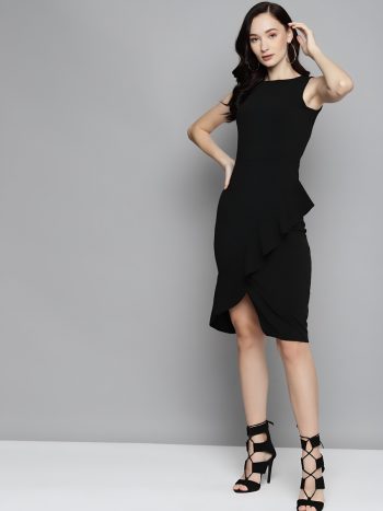 TRENDING LYCRA RUFFLE WORK BODYCON DRESS BLACK