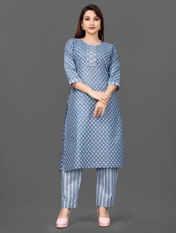 TRENDING PURE COTTON MIRROR WORK TOP PANT SET  BLUE