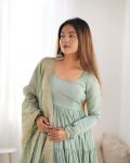 TRENDING ROMAN SILK CHANDERI FABRIC LAYERED GOWN BOTTOM WITH DUPATTA PARTY WEAR WHOLESALE PRICE ETHNIC GARMENT (7)