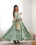 TRENDING ROMAN SILK CHANDERI FABRIC LAYERED GOWN BOTTOM WITH DUPATTA PARTY WEAR WHOLESALE PRICE ETHNIC GARMENT (7)