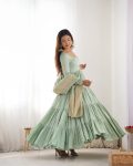 TRENDING ROMAN SILK CHANDERI FABRIC LAYERED GOWN BOTTOM WITH DUPATTA PARTY WEAR WHOLESALE PRICE ETHNIC GARMENT (7)