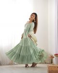 TRENDING ROMAN SILK CHANDERI FABRIC LAYERED GOWN BOTTOM WITH DUPATTA PARTY WEAR WHOLESALE PRICE ETHNIC GARMENT (7)