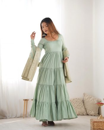 TRENDING ROMAN SILK CHANDERI FABRIC LAYERED GOWN BOTTOM WITH DUPATTA MULTI