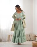 TRENDING ROMAN SILK CHANDERI FABRIC LAYERED GOWN BOTTOM WITH DUPATTA PARTY WEAR WHOLESALE PRICE ETHNIC GARMENT (7)