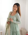 TRENDING ROMAN SILK CHANDERI FABRIC LAYERED GOWN BOTTOM WITH DUPATTA PARTY WEAR WHOLESALE PRICE ETHNIC GARMENT (7)