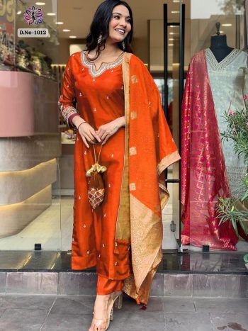 TRENDING ROMAN SILK EMBROIDERY SEQUENCE WORK TOP BOTTOM WITH DUPATTA ORANGE