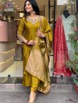 TRENDING ROMAN SILK EMBROIDERY SEQUENCE WORK TOP BOTTOM WITH DUPATTA MUSTARD